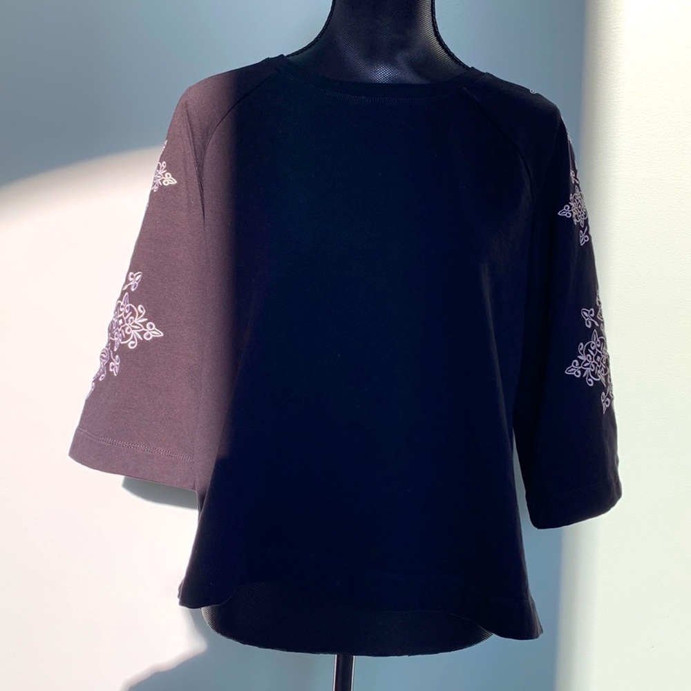 Ruby Road Black Embroidered Sleeve Boho Split Hem Top Women's Medium